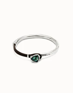 Bangle bracelet with leather and green crystal