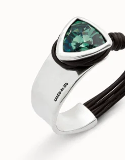 Bangle bracelet with leather and green crystal