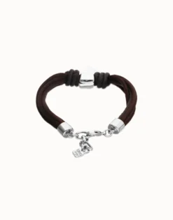 Bracelet in silk thread and brown leather with heart
