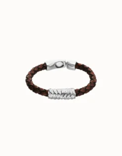 Brown braided leather bracelet with a metal detail