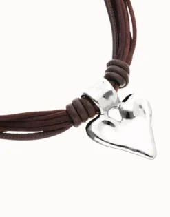 Brown leather and silk thread necklace with heart detail