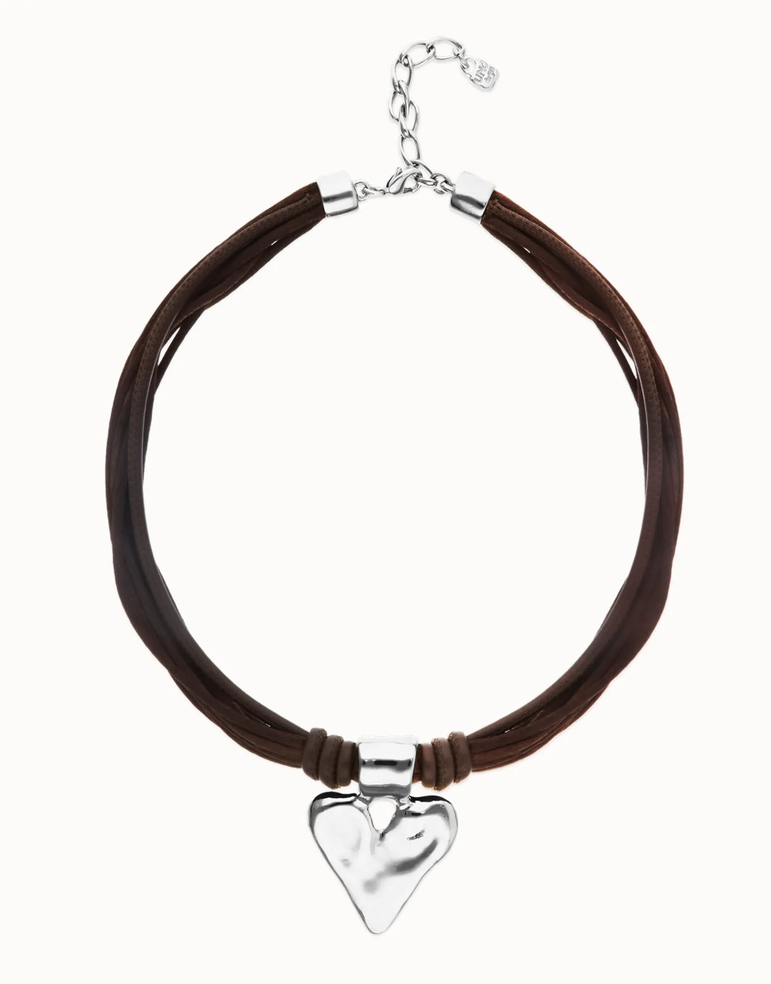 Brown leather and silk thread necklace with heart detail