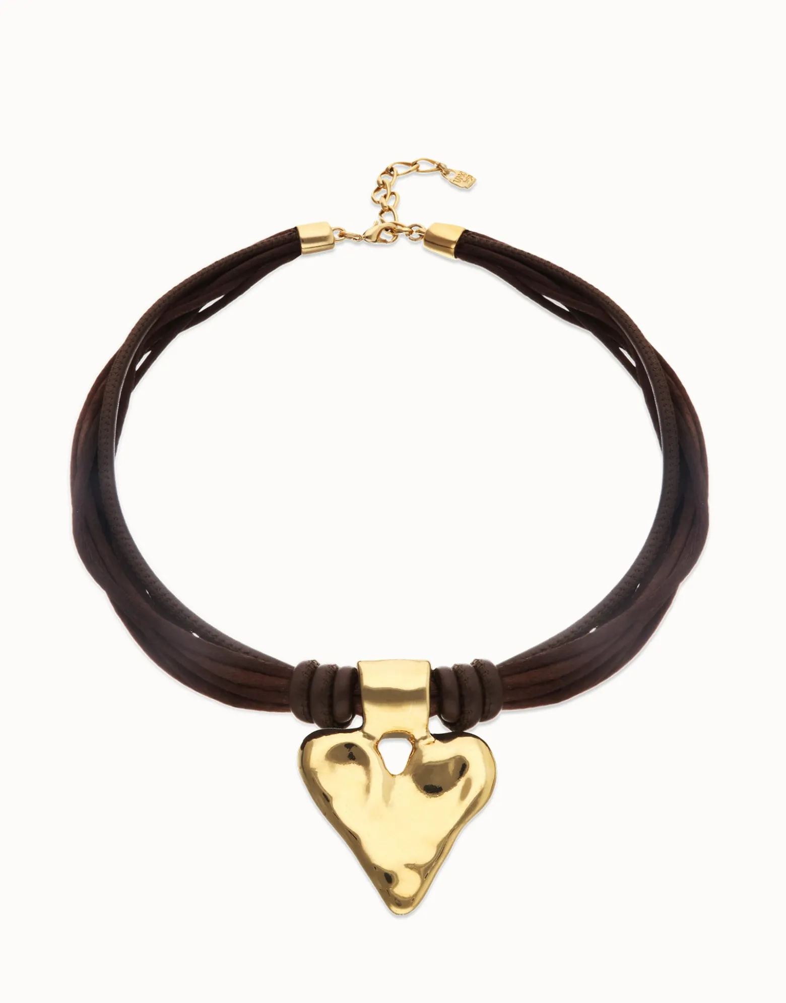 Brown leather and silk thread necklace with heart detail