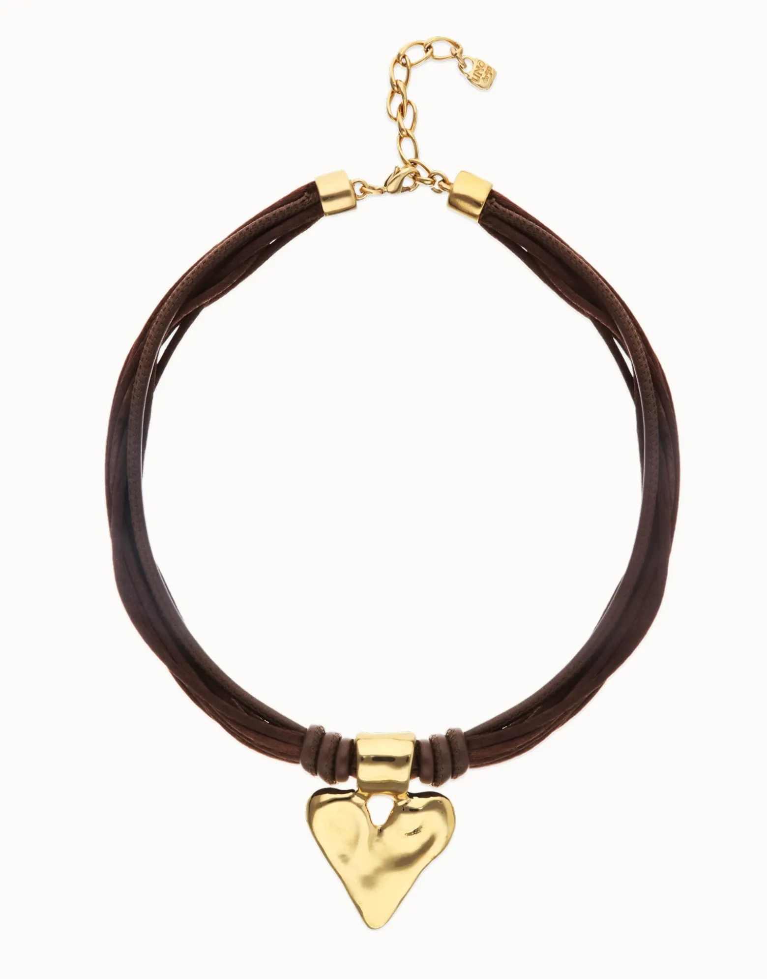 Brown leather and silk thread necklace with heart detail