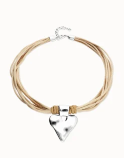 Camel leather and silk thread necklace with heart detail