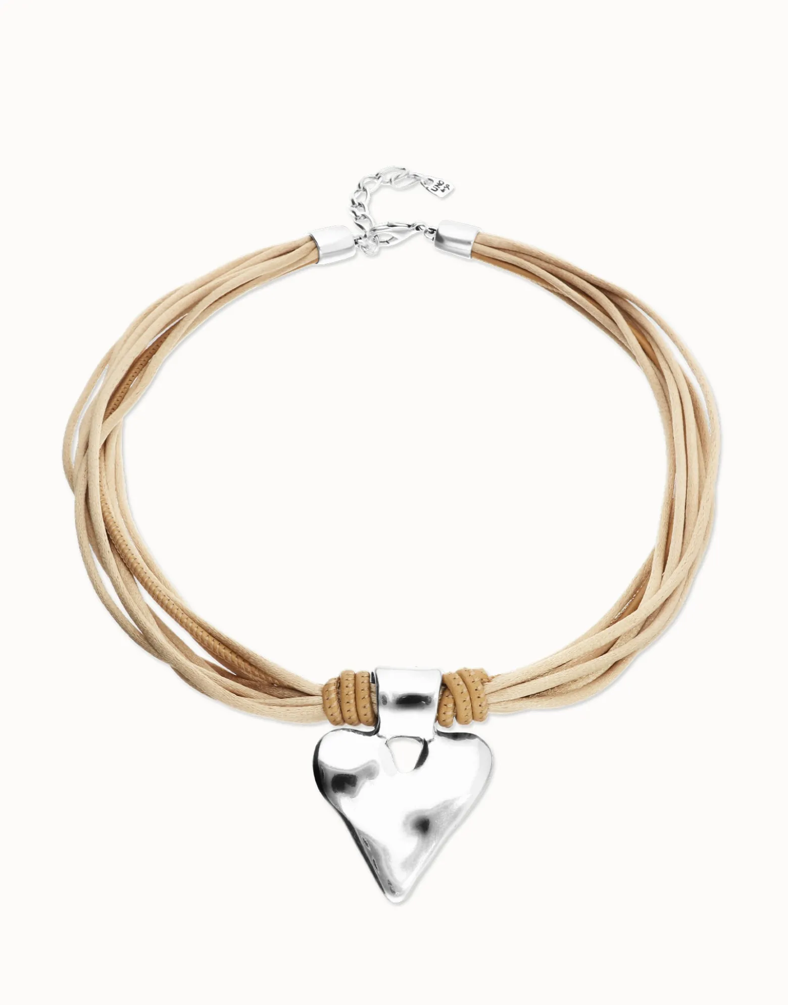 Camel leather and silk thread necklace with heart detail