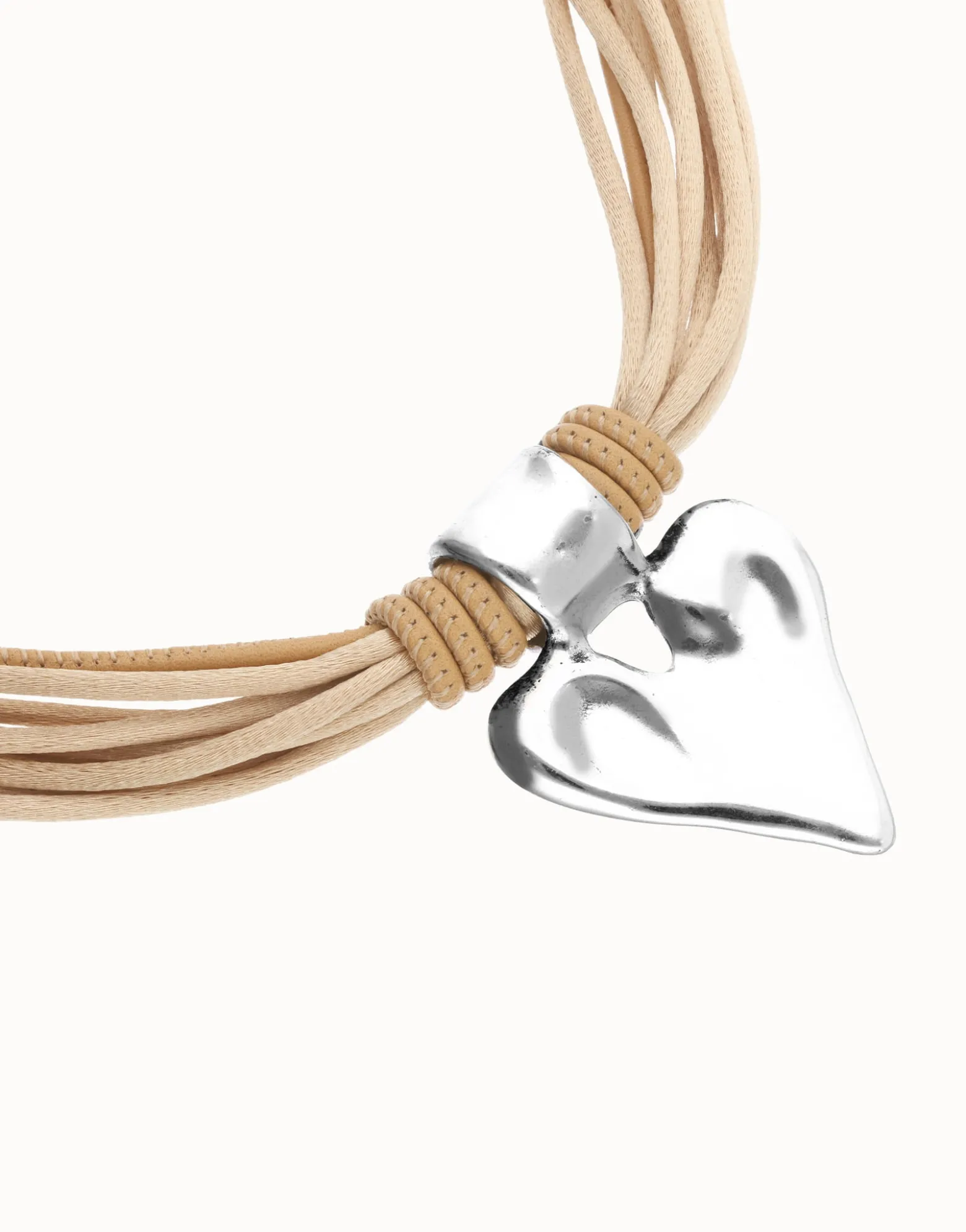Camel leather and silk thread necklace with heart detail