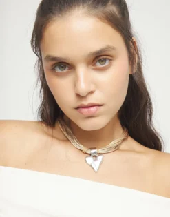 Camel leather and silk thread necklace with heart detail