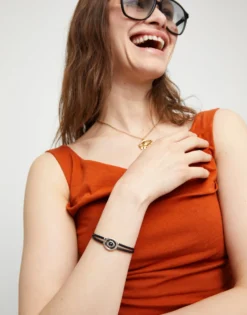 Double black leather birthstone bracelet with eye