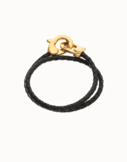 Double black leather bracelet with interlocking carabiner