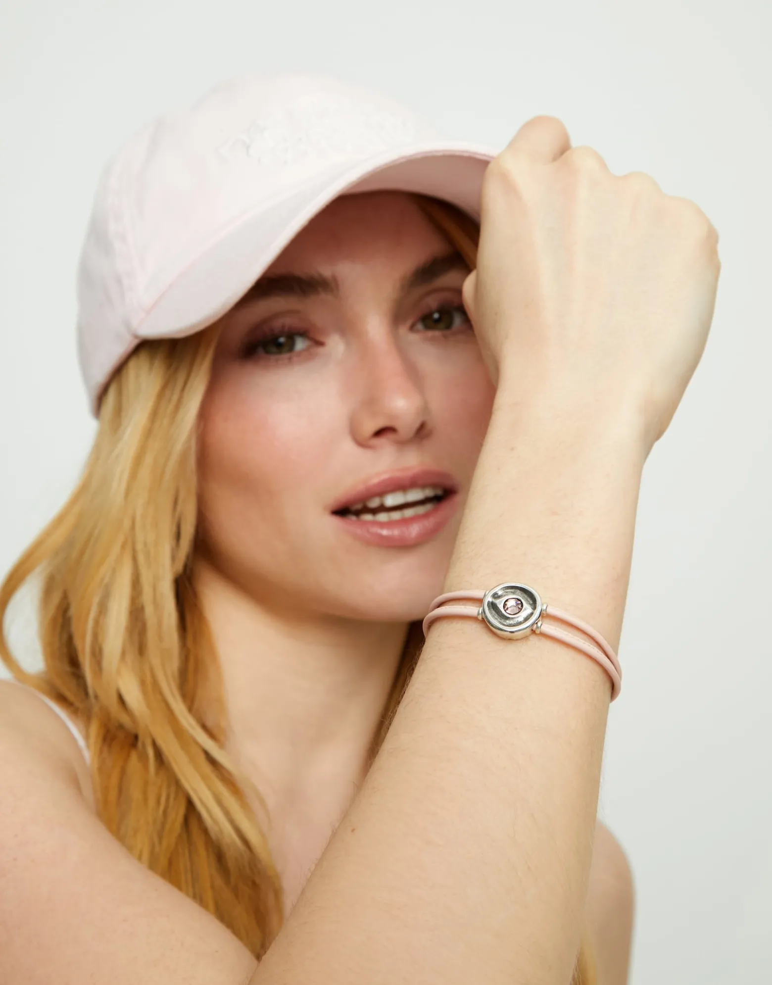 Double pink leather birthstone bracelet with eye