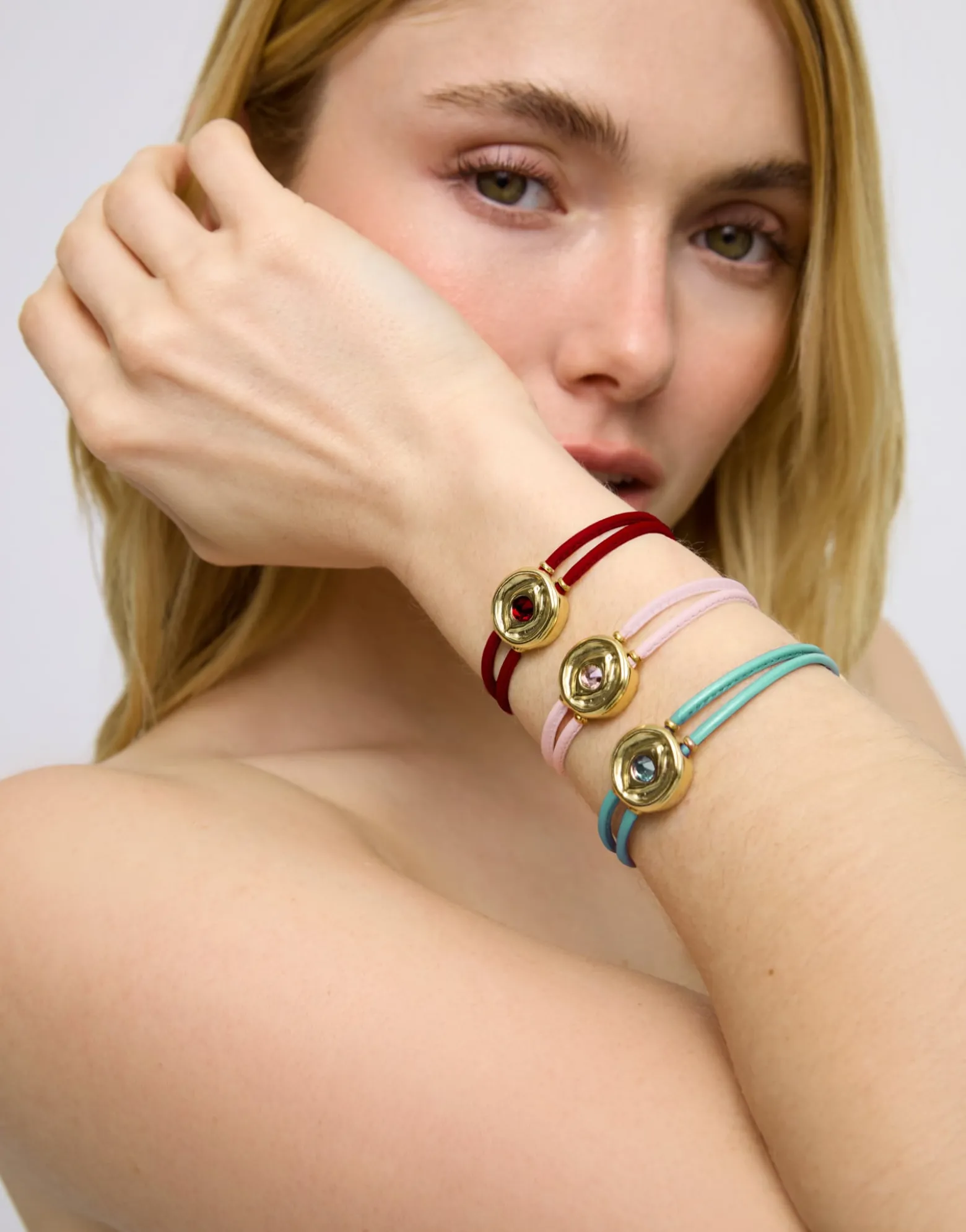 Double red leather birthstone bracelet with eye