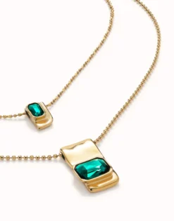 Double strand chain necklace with green crystals