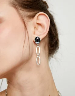 Drop earrings with faceted black crystal and links