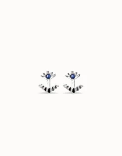 Eye-shaped stud earrings with blue crystal