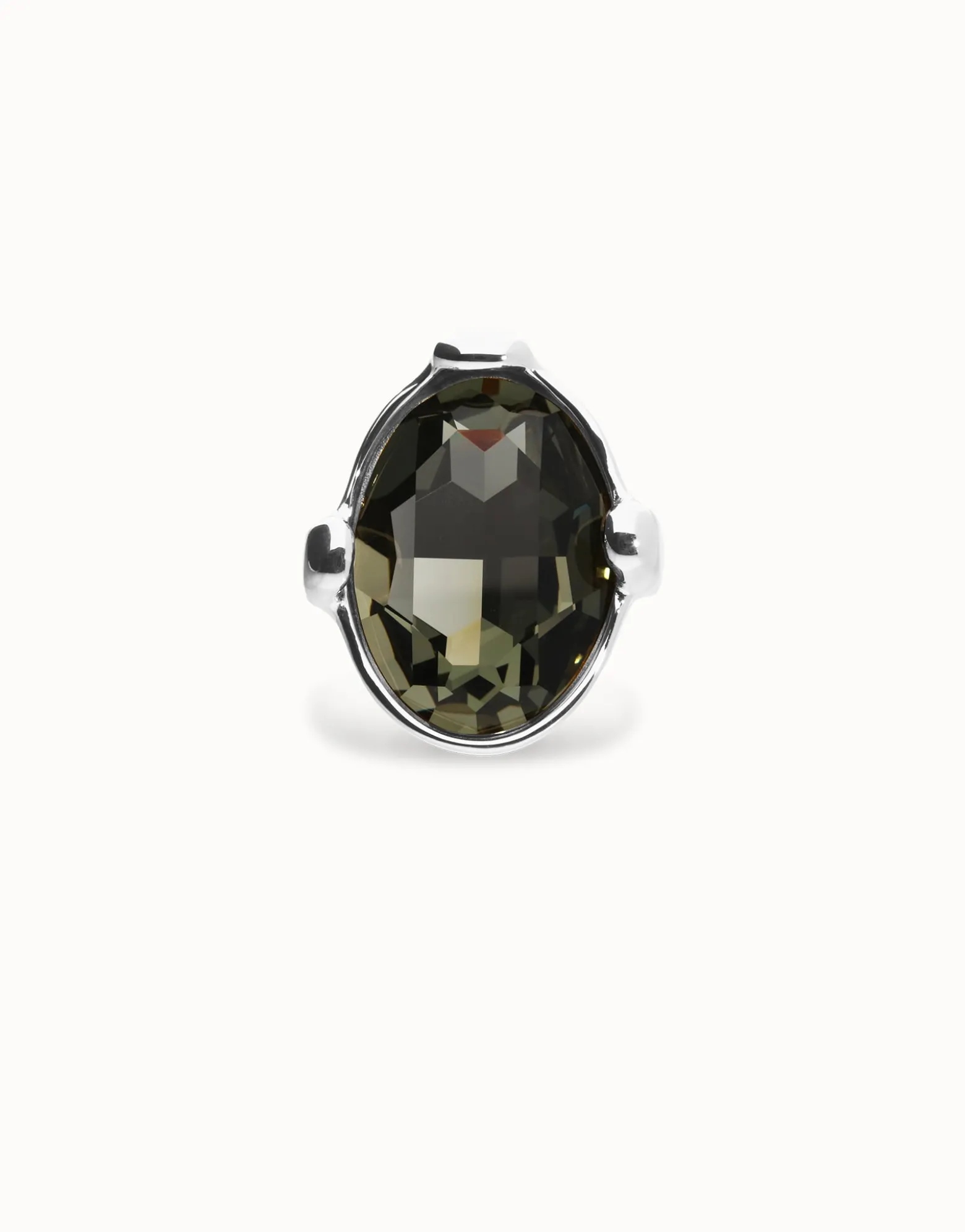 Large ring with grey oval faceted crystal