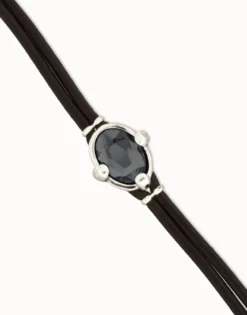 Leather bracelet with faceted black oval crystal