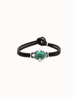 Leather bracelet with green oval faceted crystal