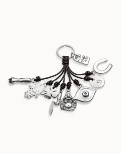 Leather key-ring and sterling silver-plated charms
