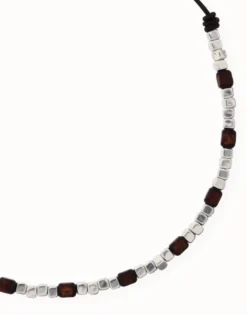 Leather necklace with silver and wooden beads