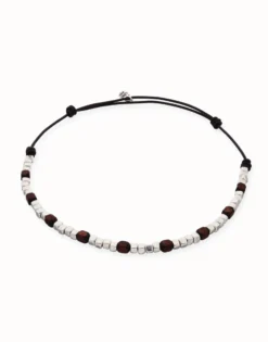 Leather necklace with silver and wooden beads