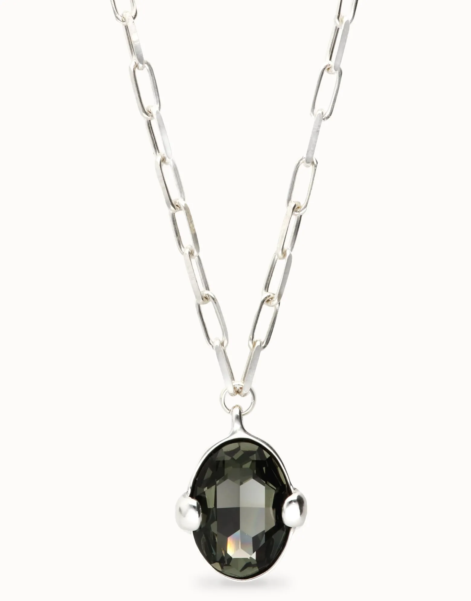 Long necklace with large gray oval faceted crystal