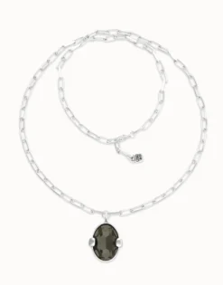 Long necklace with large gray oval faceted crystal