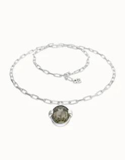 Long necklace with large gray oval faceted crystal