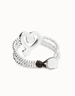 Multi strand leather beaded bracelet with a heart