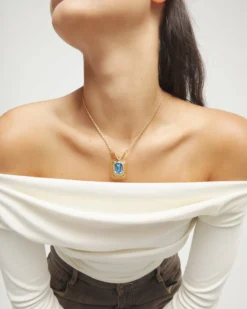 Necklace with rectangular blue faceted crystal