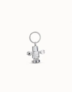 Sterling silver-plated engraved robot and logo key-ring