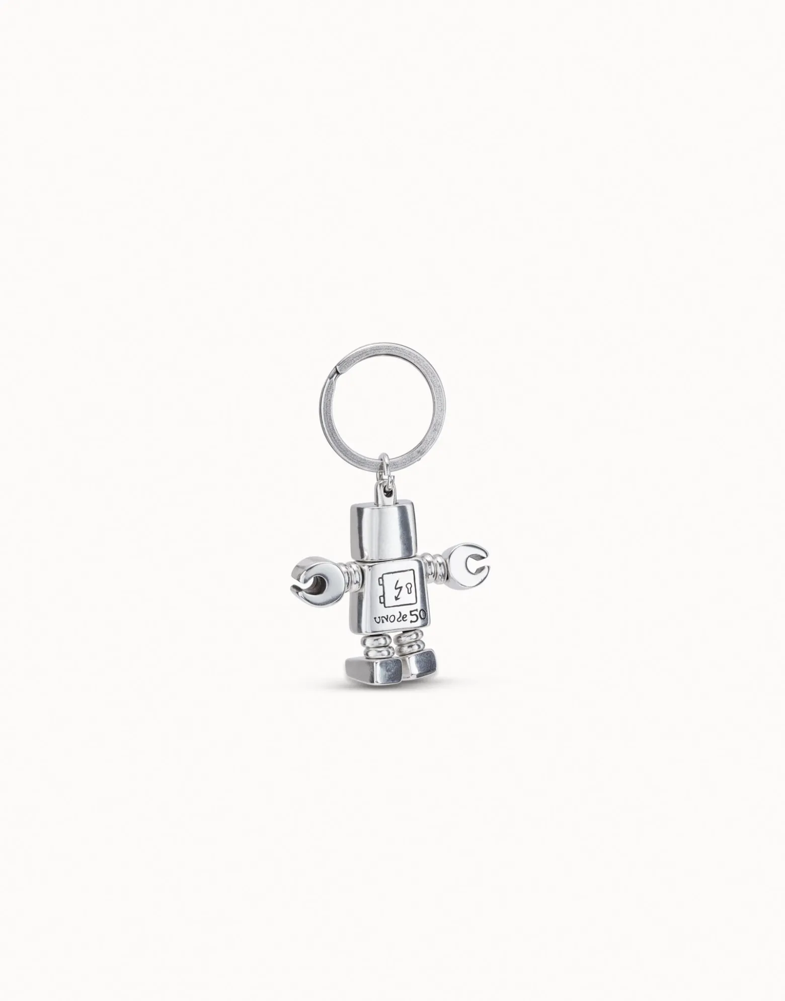 Sterling silver-plated engraved robot and logo key-ring