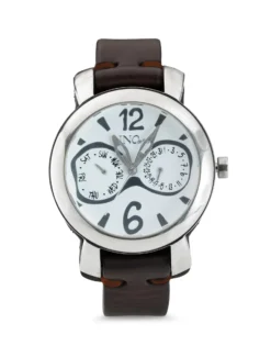 Sterling silver-plated leather and metal watch for men