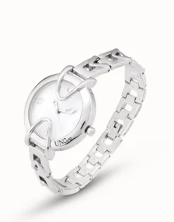Sterling silver-plated watch with metal strap and round white dial