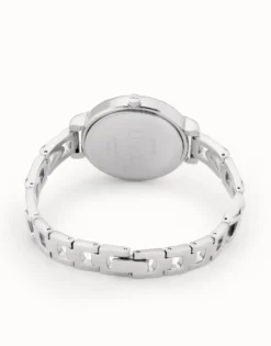 Sterling silver-plated watch with metal strap and round white dial