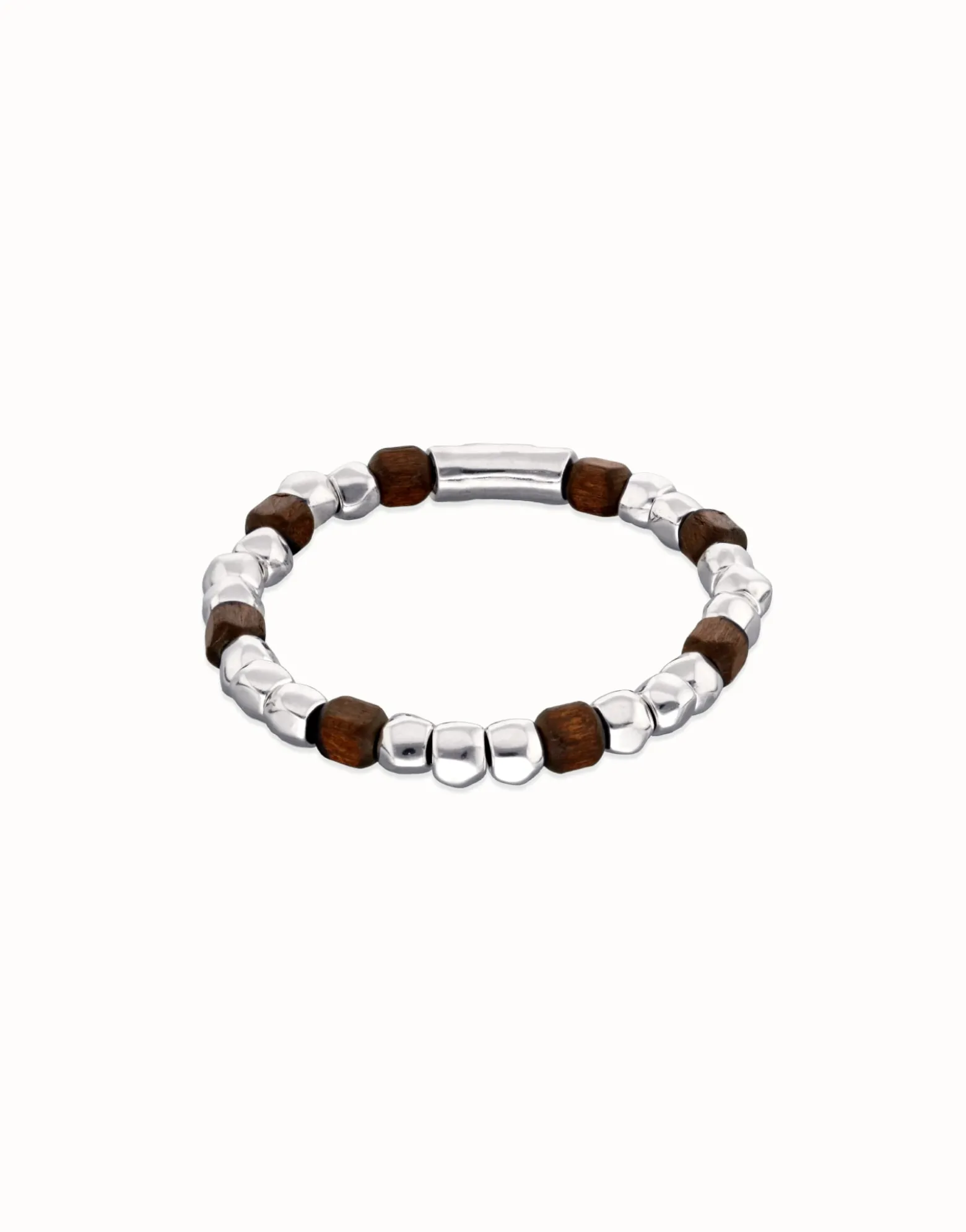 Stretch bracelet with silver and wooden beads